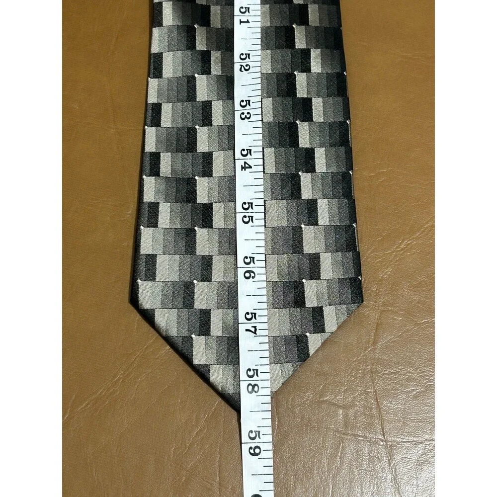 J. Ferrar 100% Silk Tie Gray‎ Black Geometric Block Pattern 58